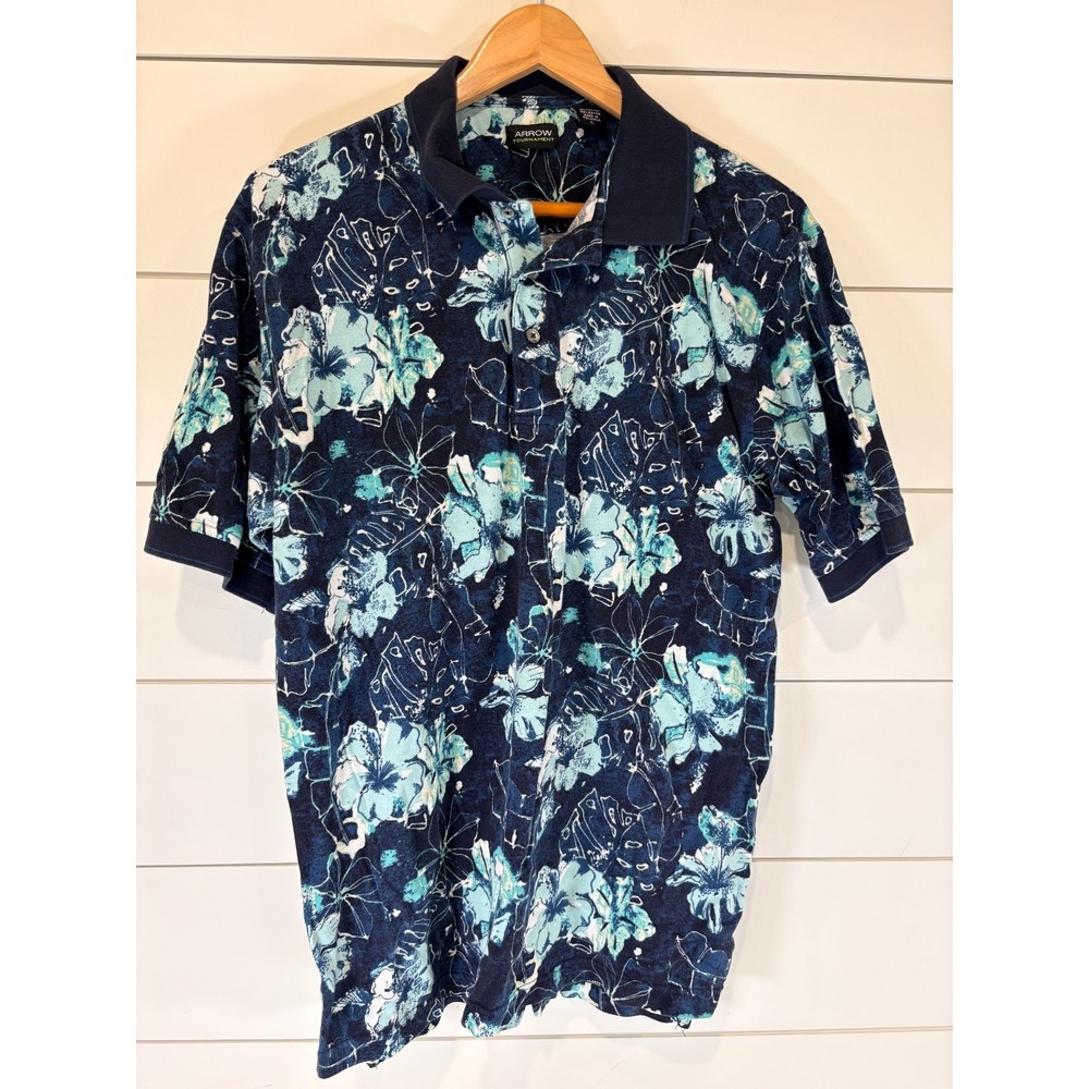 Arrow Tournament Men's‎ Size L Floral Polo Shirt - Navy Blue Aqua Cotton Blend